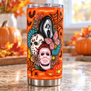 Horror masks and butterflies on orange — one tumbler in kitchen setting