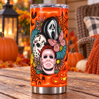 Horror masks and butterflies on orange — one tumbler in porch setting