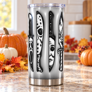Horror character faces reflected in knives — one tumbler in kitchen setting