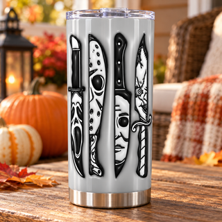 Horror character faces reflected in knives — one tumbler in porch setting