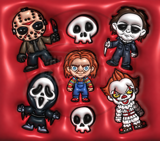 Mixed horror figures and skulls on red — watermarked full artwork