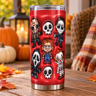 Mixed horror figures and skulls on red — one tumbler in porch setting