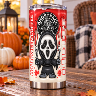 Screaming-Mask Character Halloween coffee parody — one tumbler in porch setting