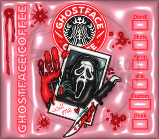 Screaming-Mask Character coffee parody: Call Me photo and knives — watermarked full artwork