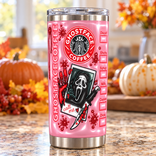 Screaming-Mask Character coffee parody: Call Me photo and knives — one tumbler in kitchen setting