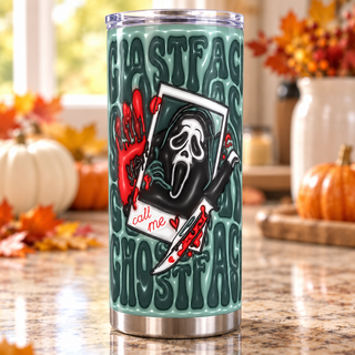Screaming-Mask Character Call Me on teal-green — one tumbler in kitchen setting