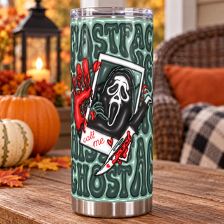 Screaming-Mask Character Call Me on teal-green — one tumbler in porch setting