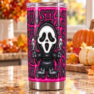 Screaming-Mask Character with repeated name lettering on pink — one tumbler in kitchen setting