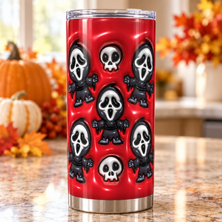 Screaming-Mask Character figures and skulls on red — one tumbler in kitchen setting