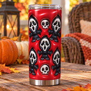 Screaming-Mask Character figures and skulls on red — one tumbler in porch setting
