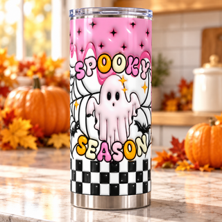 Spooky Season: ghost, pink web and checkerboard — one tumbler in kitchen setting