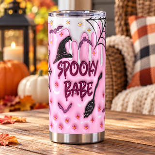 Spooky Babe: witch hat on pink — one tumbler in porch setting