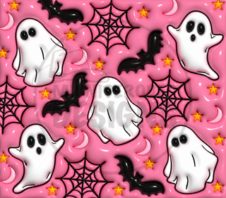 White ghosts, bats and webs on pink — watermarked full artwork