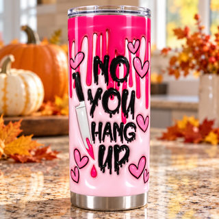 No You Hang Up: knife and pink hearts — one tumbler in kitchen setting