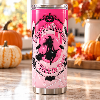 Happy Halloween Trick or Treat: witch on pink — one tumbler in kitchen setting