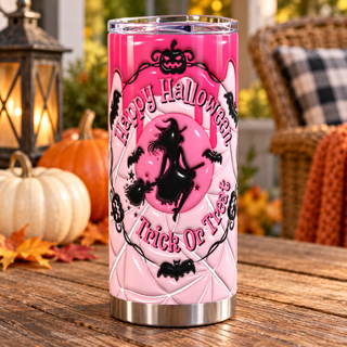 Happy Halloween Trick or Treat: witch on pink — one tumbler in porch setting