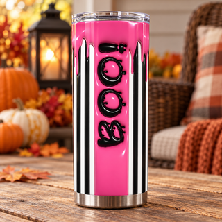 Boo: black-white-pink stripes — one tumbler in porch setting