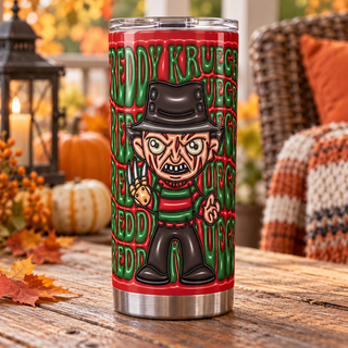 Fedora-Wearing Horror Character with repeated name lettering — one tumbler in porch setting