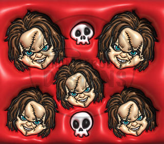 Orange-Haired Doll faces and skulls on red — watermarked full artwork