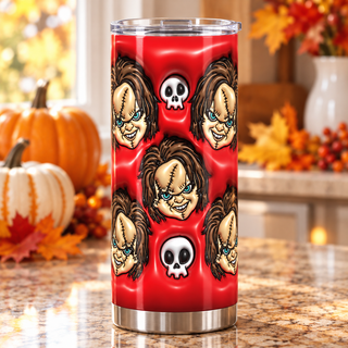 Orange-Haired Doll faces and skulls on red — one tumbler in kitchen setting
