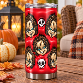 Orange-Haired Doll faces and skulls on red — one tumbler in porch setting