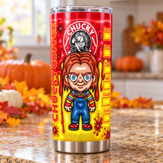 Orange-Haired Doll coffee parody — one tumbler in kitchen setting