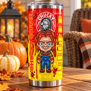 Orange-Haired Doll coffee parody — one tumbler in porch setting