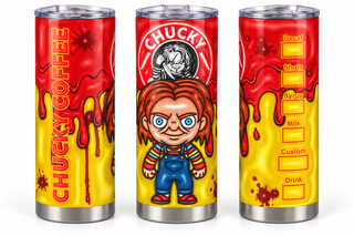 Orange-Haired Doll coffee parody — three studio views of the same tumbler