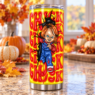 Orange-Haired Doll with knife and repeated name lettering — one tumbler in kitchen setting