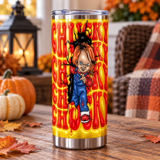 Orange-Haired Doll with knife and repeated name lettering — one tumbler in porch setting