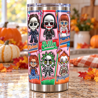 Horror characters in toy-style boxes — one tumbler in kitchen setting