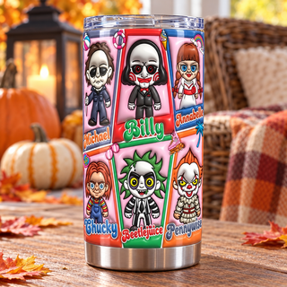 Horror characters in toy-style boxes — one tumbler in porch setting