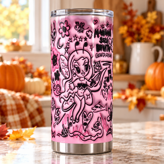 Pink witch cartoon with Halloween doodles — one tumbler in kitchen setting