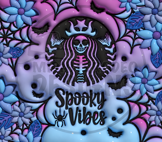 Spooky Vibes: skeleton coffee-logo parody and blue flowers — watermarked full artwork