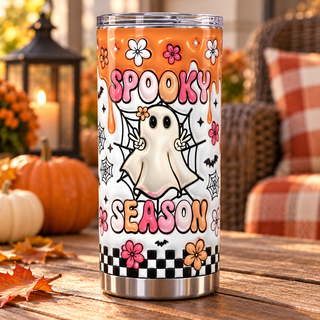 Spooky Season: ghost, flowers and orange drips — one tumbler in porch setting