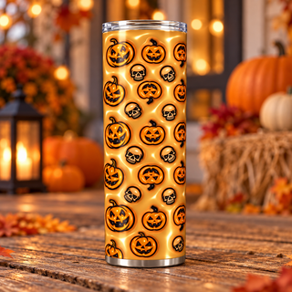 Jack-o-lanterns and skulls on tan — single tumbler on autumn porch