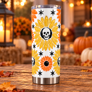 Sunflowers with skull centers — single tumbler on autumn porch
