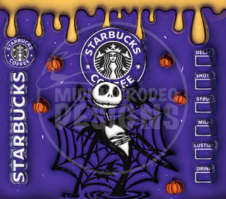 Striped-Suit Skeleton coffee parody on purple — full flat artwork preview with faint MidniteRodeo Designs logo watermark
