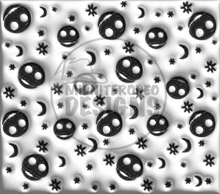 Black smiling ghosts and moons on white — full flat artwork preview with faint MidniteRodeo Designs logo watermark