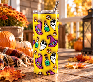 Ghosts, witch hats and potion bottles on yellow — one 20 oz skinny stainless steel tumbler on an autumn porch lifestyle mockup