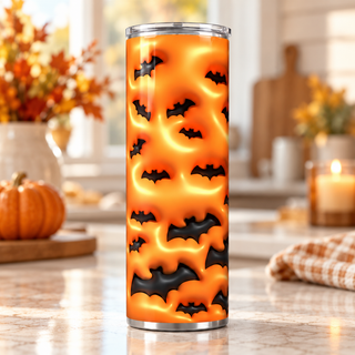 Black bats on orange — one 20 oz skinny stainless steel tumbler in a kitchen lifestyle mockup
