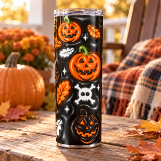 Jack-o-lanterns, skulls and autumn leaves on black — one 20 oz skinny stainless steel tumbler on an autumn porch lifestyle mockup