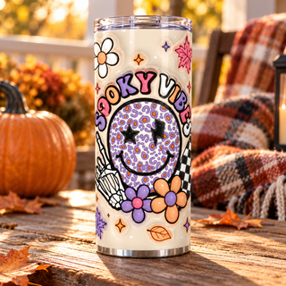 Spooky Vibes: leopard smiley and skeleton hand — one 20 oz skinny stainless steel tumbler on an autumn porch lifestyle mockup