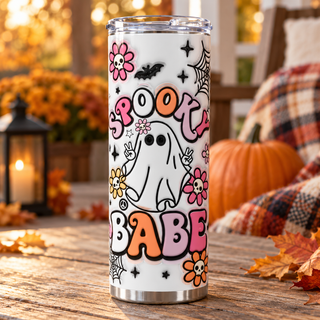 Spooky Babe: ghost, flowers and webs — one 20 oz skinny stainless steel tumbler on an autumn porch lifestyle mockup
