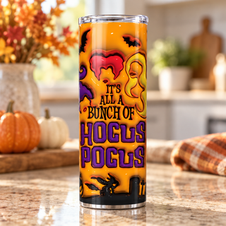Witch Lettering on orange — one 20 oz skinny stainless steel tumbler in a kitchen lifestyle mockup
