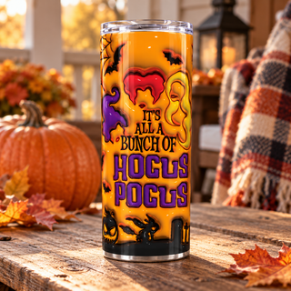 Witch Lettering on orange — one 20 oz skinny stainless steel tumbler on an autumn porch lifestyle mockup
