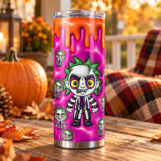 Striped-Suit Character on pink with blood drips — one 20 oz skinny stainless steel tumbler on an autumn porch lifestyle mockup