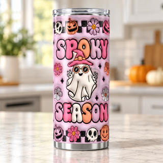 Spooky Season: witch-hat ghost on pink — single tumbler in a kitchen setting