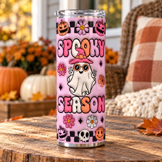 Spooky Season: witch-hat ghost on pink — single tumbler in a porch setting