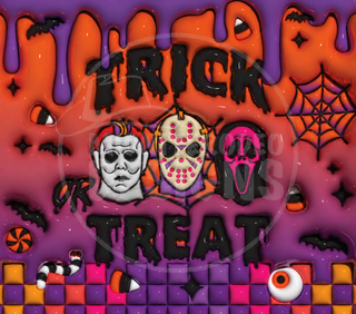 Trick or Treat: horror masks on orange-purple — full watermarked artwork preview